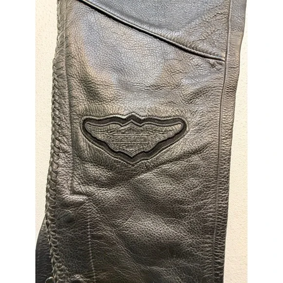 Harley Davidson Chaps Men M Black Willie G Leather Braided Trim Biker Moto USA
